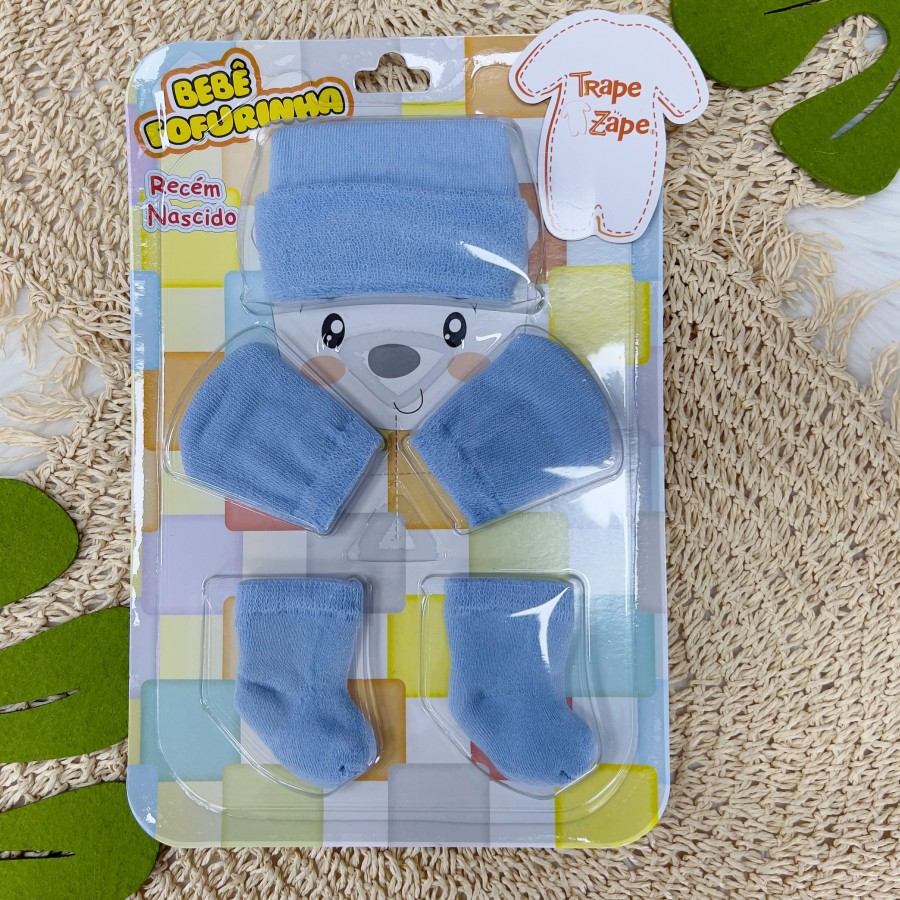 Kit Touca, Luva e Meias Atoalhado Azul Bebê 